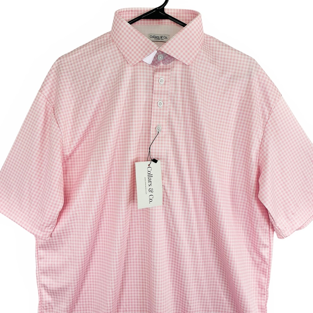 NEW Collars & Co. Men's XLT Pink‎ White Gingham Dress Collar Polo SS Shirt - Picture 7 of 7